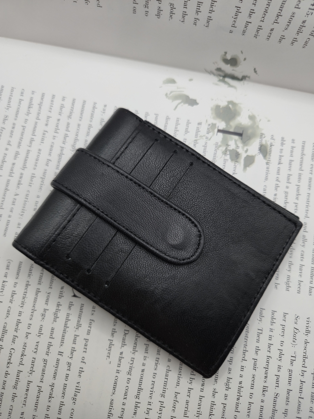Men's Black Leather Card Wallet with Snap Strap
